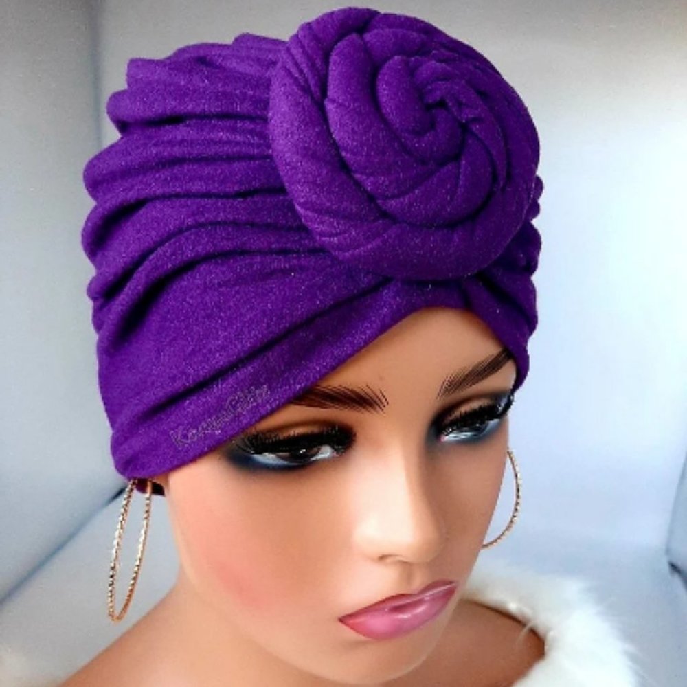 Pre-Tied Satin-Lined Turban Purple Headwrap Headcover Chemo Headwear Gift